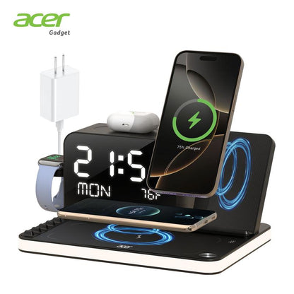A 7-in-1 wireless charging station compatible with iPhones, Android phones, Apple Watches, and AirPods.