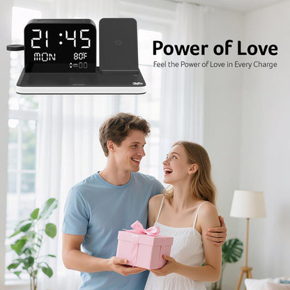 A 7-in-1 wireless charging station compatible with iPhones, Android phones, Apple Watches, and AirPods.