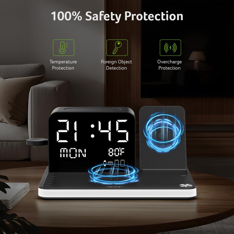 A 7-in-1 wireless charging station compatible with iPhones, Android phones, Apple Watches, and AirPods.