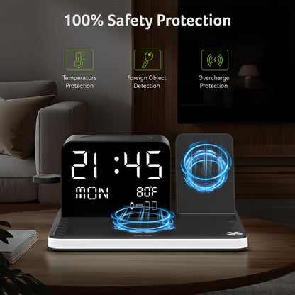 A 7-in-1 wireless charging station compatible with iPhones, Android phones, Apple Watches, and AirPods.