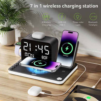 A 7-in-1 wireless charging station compatible with iPhones, Android phones, Apple Watches, and AirPods.