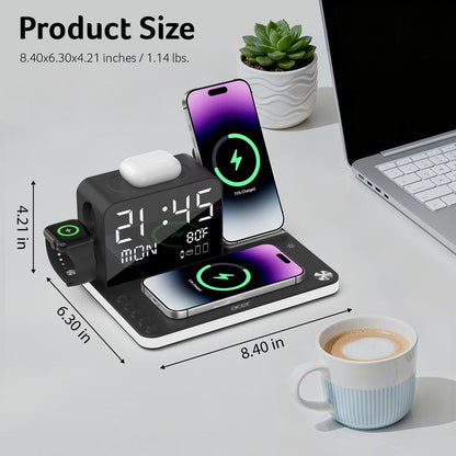 A 7-in-1 wireless charging station compatible with iPhones, Android phones, Apple Watches, and AirPods.