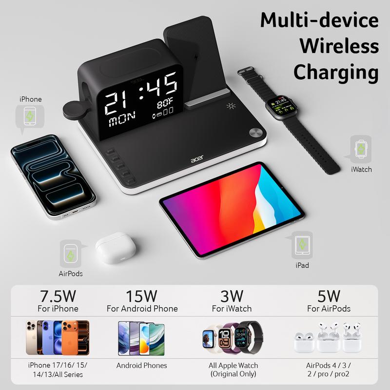 A 7-in-1 wireless charging station compatible with iPhones, Android phones, Apple Watches, and AirPods.