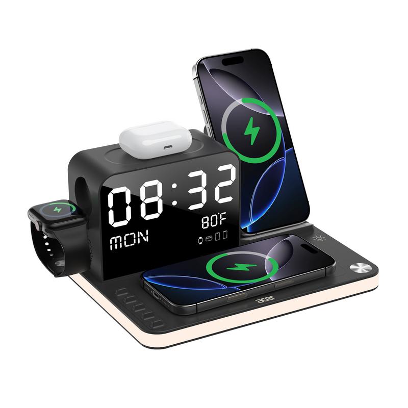A 7-in-1 wireless charging station compatible with iPhones, Android phones, Apple Watches, and AirPods.