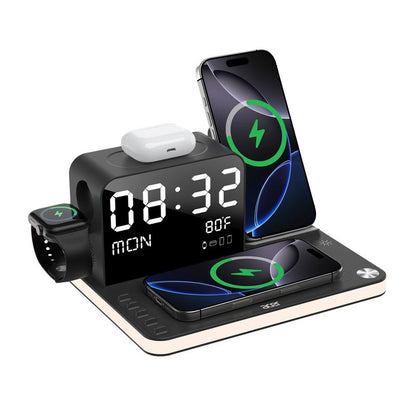 A 7-in-1 wireless charging station compatible with iPhones, Android phones, Apple Watches, and AirPods.