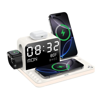 A 7-in-1 wireless charging station compatible with iPhones, Android phones, Apple Watches, and AirPods.