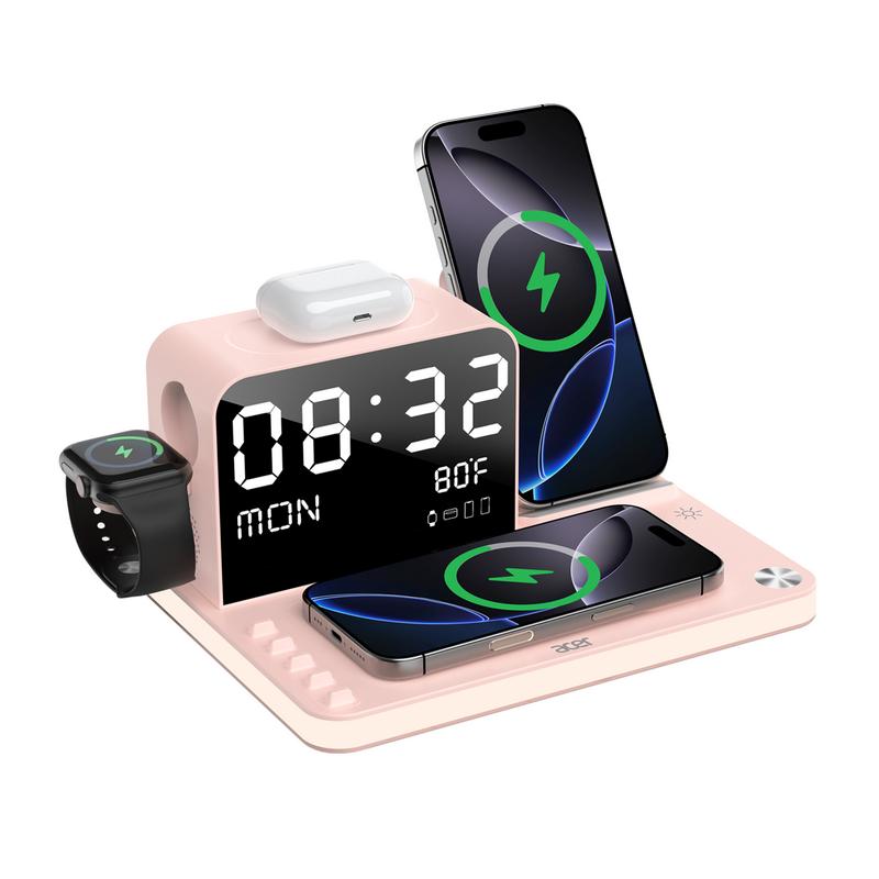 A 7-in-1 wireless charging station compatible with iPhones, Android phones, Apple Watches, and AirPods.