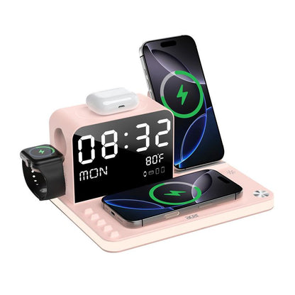 A 7-in-1 wireless charging station compatible with iPhones, Android phones, Apple Watches, and AirPods.