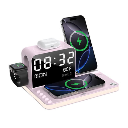 A 7-in-1 wireless charging station compatible with iPhones, Android phones, Apple Watches, and AirPods.