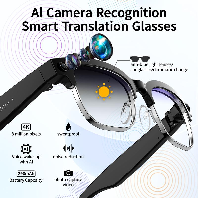 Smart AI camera glasses, equipped with 8-megapixel photochromic lenses, and real-time translation of more than 160 languages.