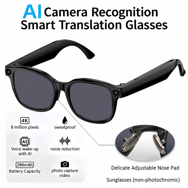 Smart AI camera glasses, equipped with 8-megapixel photochromic lenses, and real-time translation of more than 160 languages.