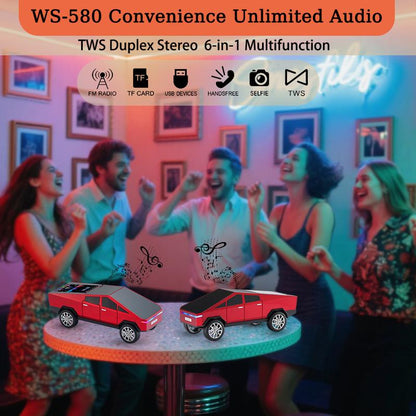 The WSTER WS-580 pickup truck-shaped Bluetooth speaker supports USB, TF card, AUX, FM radio, and TWS pairing.